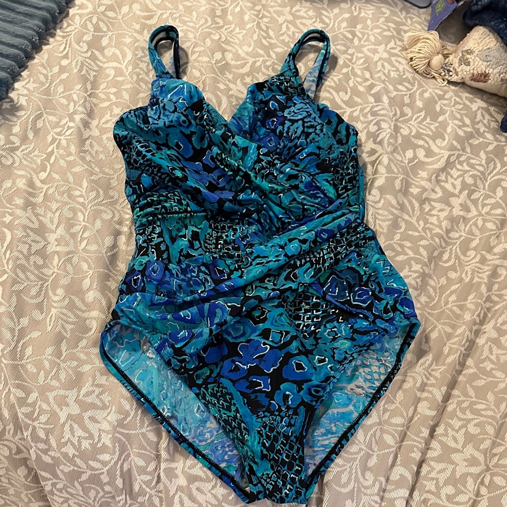 Kirkland Signature Teal & Blue Abstract One-Piece Swimsuit